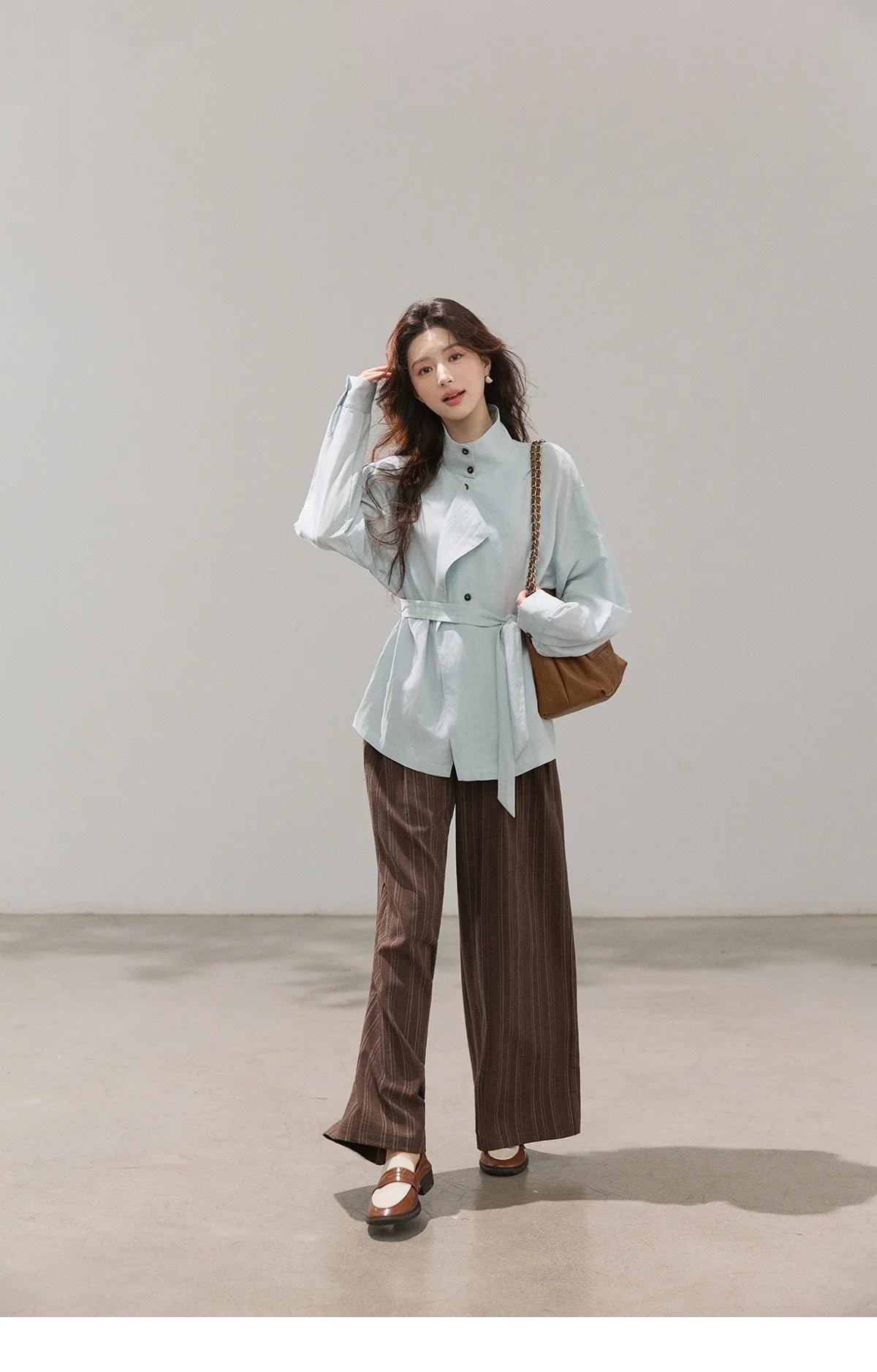 Women's Stand Collar Long Sleeve Shirts Spring Belted Waist Asymmetric Button Tops Casual Loose Solid Shirt MXF13C2459