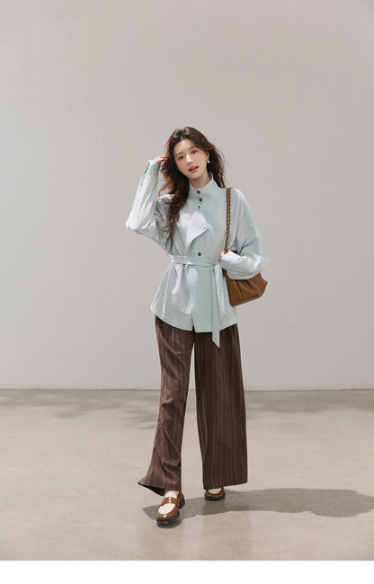Women's Stand Collar Long Sleeve Shirts Spring Belted Waist Asymmetric Button Tops Casual Loose Solid Shirt MXF13C2459