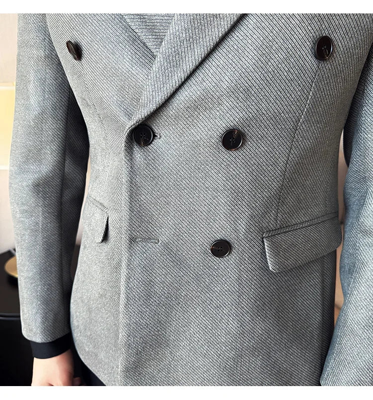High Quality Men Double Breasted Blazer Suede Gilded Twill Slim Fit Business Social Formal Suit Jacket Tailcoats Men Clothes