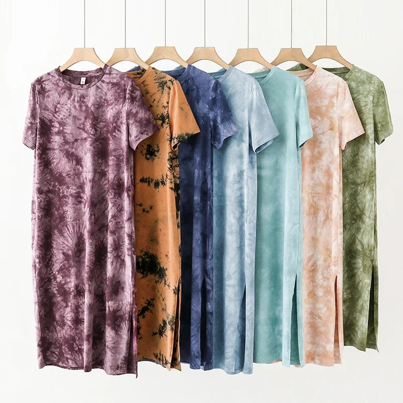 Original Casual 94% Cotton Summer Women's Dresses Solid Short Sleeve Spilt Long Midi Dress Fashion Sundress Female Clothing