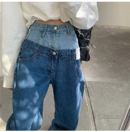 Stylish Fake Two Piece Jeans Women Patchwork Daddy Pants Female Baggy Jeans American Fashion Vintage Denim Pants Trousers Street