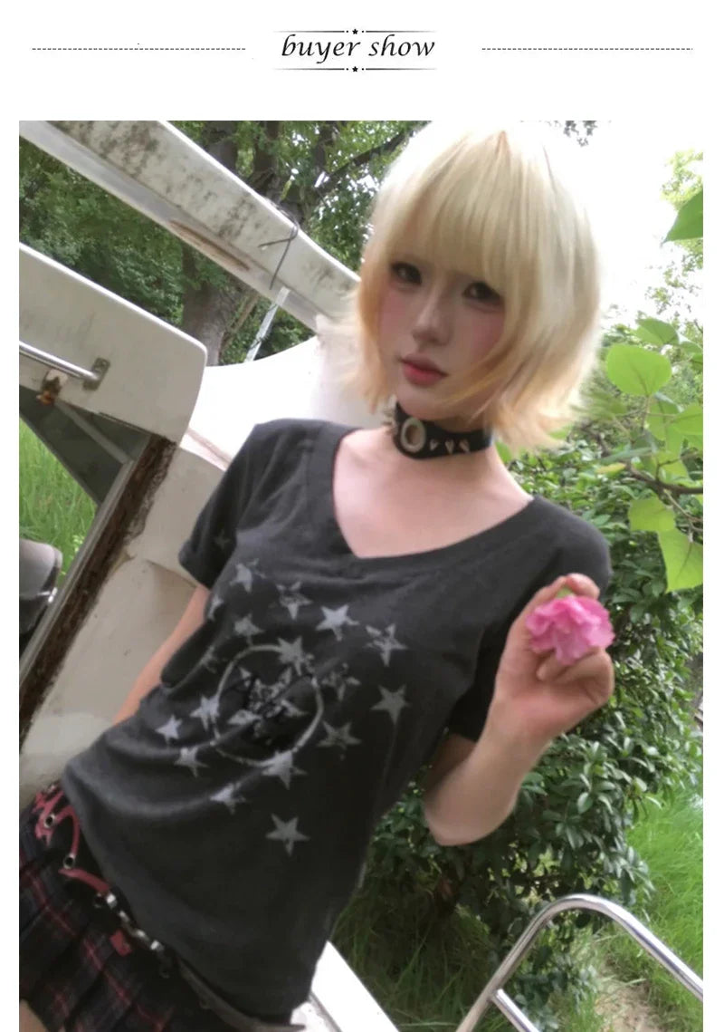 Karrram Japanese Y2k Letter Print T-shirt Trashy 2000s Style V-neck T Shirt Vintage Harajuku Short Sleeve Tee Shirt Grunge 90s