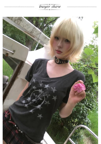 Karrram Japanese Y2k Letter Print T-shirt Trashy 2000s Style V-neck T Shirt Vintage Harajuku Short Sleeve Tee Shirt Grunge 90s