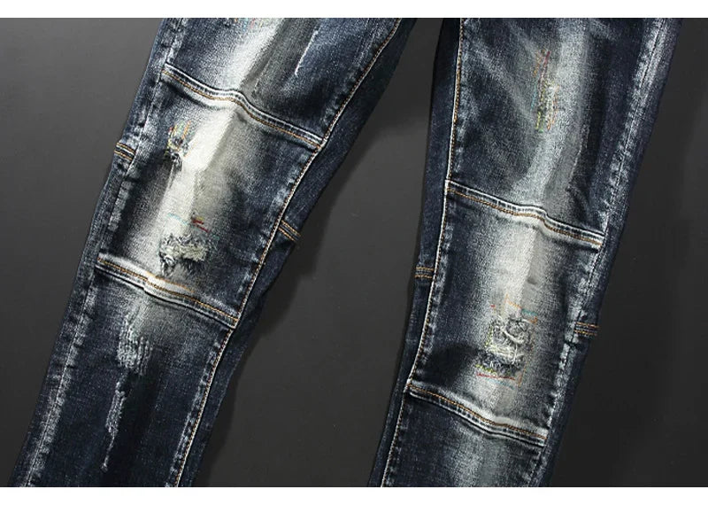 Streetwear Fashion Men Jeans Retro Black Blue Elastic Slim Fit Ripped Jeans Men Spliced Designer Embroidery Hip Hop Denim Pants
