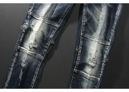 Streetwear Fashion Men Jeans Retro Black Blue Elastic Slim Fit Ripped Jeans Men Spliced Designer Embroidery Hip Hop Denim Pants