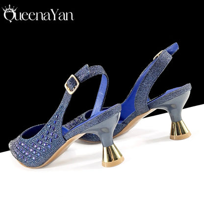Queena Yan 2025 Italian Design Rhinestone Luxury Navy Blue Pointed Toe Shoe & Bag Set Women High Heels for Parties High Quality