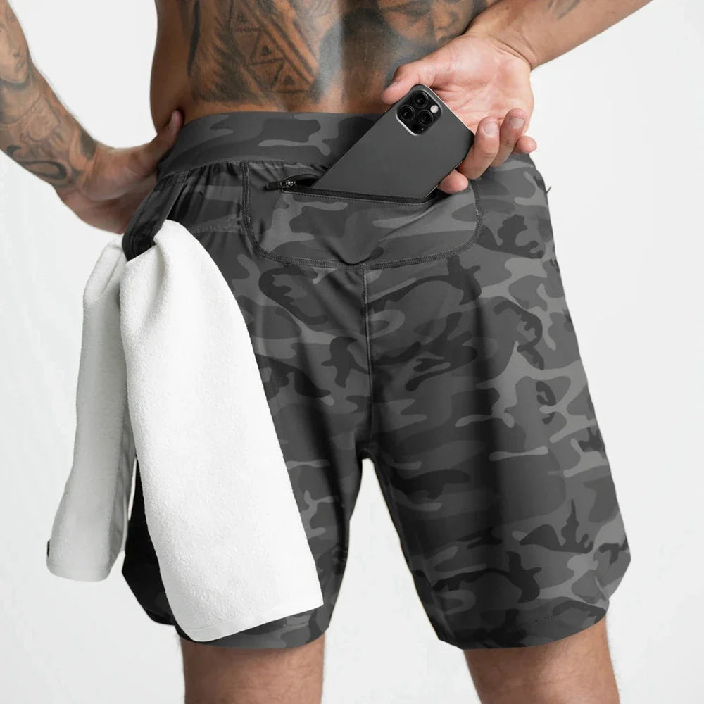 Mens Workout Fitness Shorts Camo Thin Style Breathable Jogger Gym Bodybuilding Quick Dry Running Shorts Zipper Phone Pockets