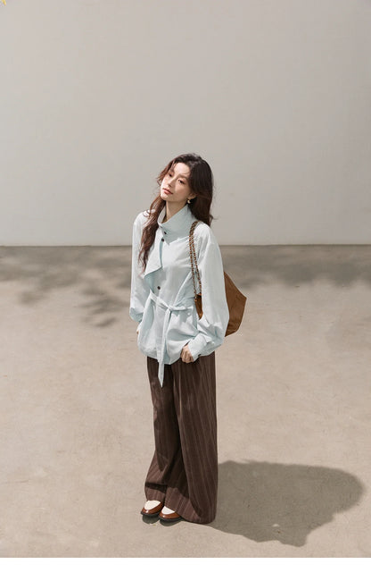 Women's Stand Collar Long Sleeve Shirts Spring Belted Waist Asymmetric Button Tops Casual Loose Solid Shirt MXF13C2459