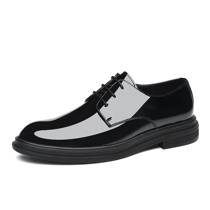 Mens Black Patent Leather Lace Up Dress Shoes With Thick Sole Platform Block Heel Formal Business Wedding Party Office Work Shoe