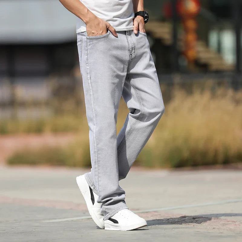 2026 Summer Brand New Men's Straight Loose Thin Jeans Simple Casual Clothing Lightweight Cotton Stretch Light Grey Jeans