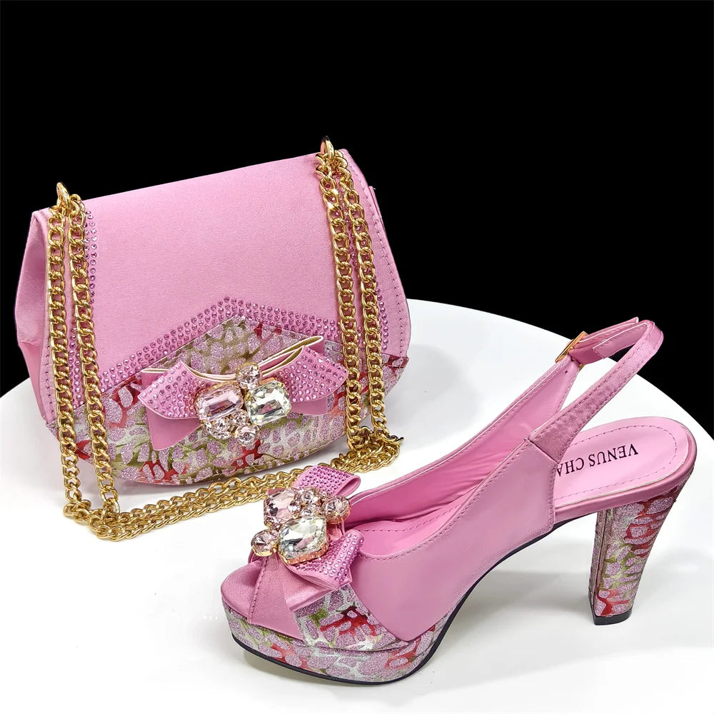 Shoes for Women High Heels INS Style Rhinestone Peep Toe Bow Gold Color New Italian Shoes and Bag for Party 2024