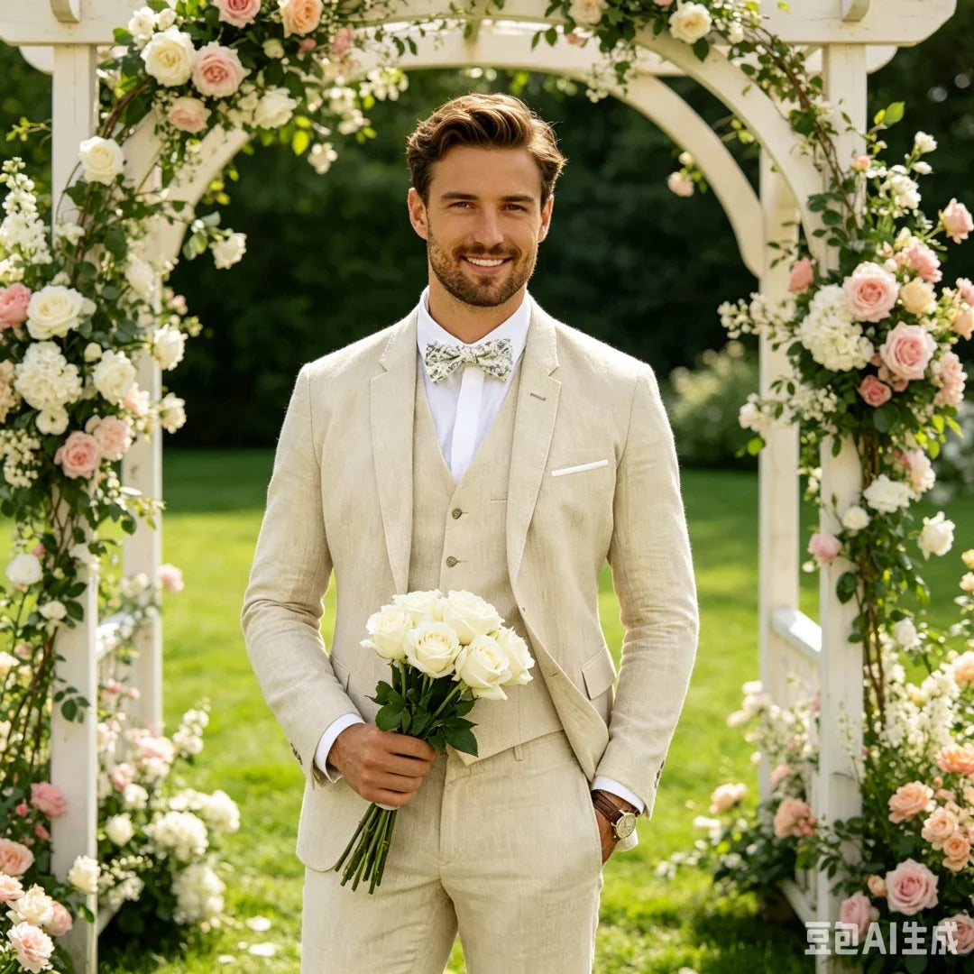 3 Piece Blue/Beige Linen Men's Slim Fit Suits Notch Lapel Blazer Summer Wedding Groom Tuxedos for Prom Party (Jacket+Vest+Pant)