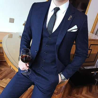 Blue Men Classic Striped/Checked Suits, Asian Size Slim Fit Business Office 3-Piece Sets, Black/Gray and Red Available.