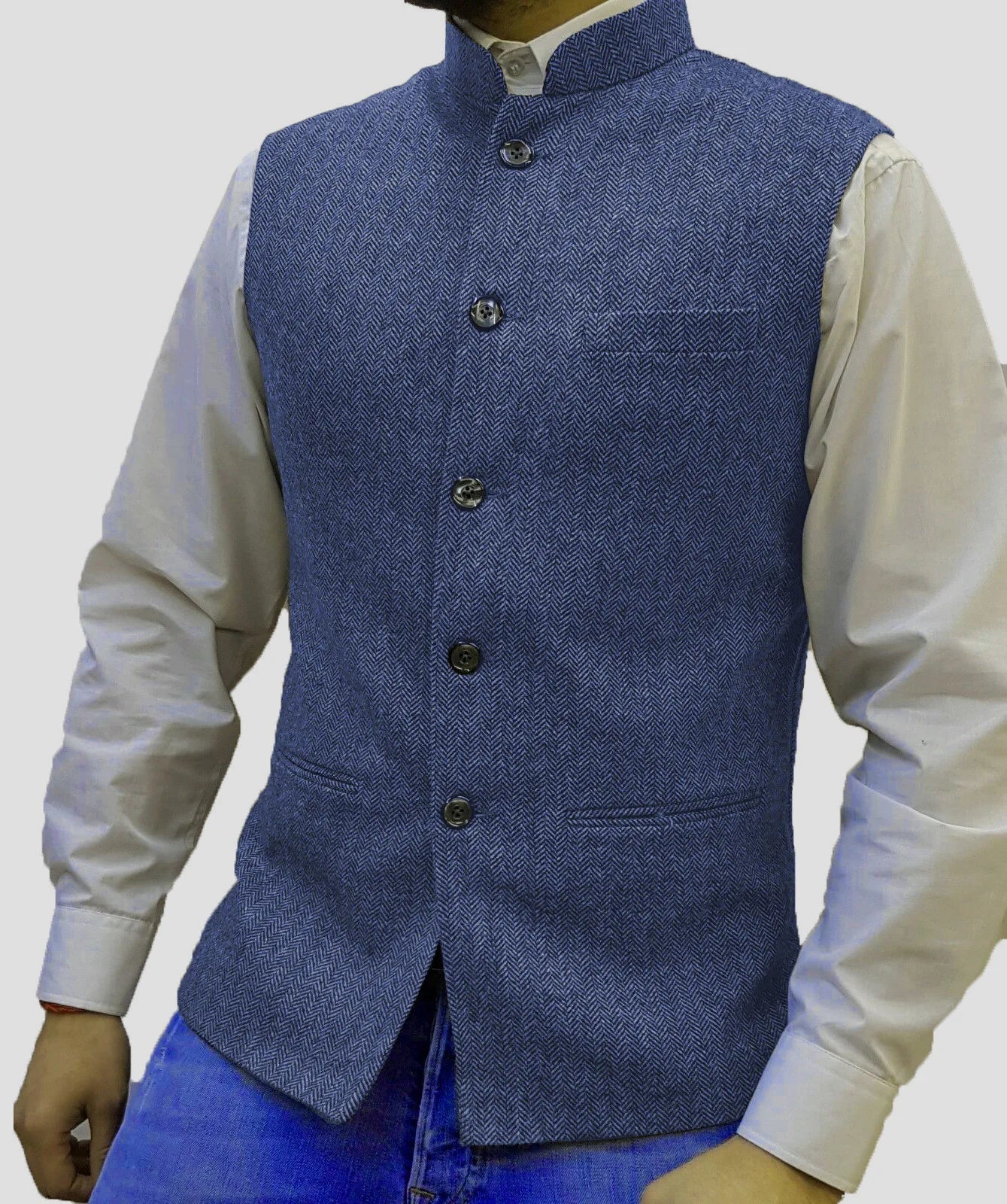 Mens Retro Vest Herringbone Wool Blended Smart Casual Stand Collar Single Breasted Waistcoat Adjustable Buckle Men's Suit Vest