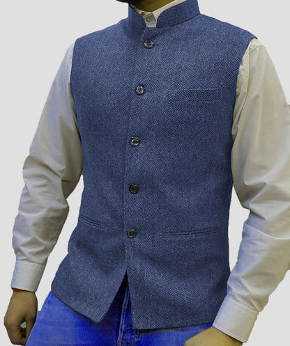Mens Retro Vest Herringbone Wool Blended Smart Casual Stand Collar Single Breasted Waistcoat Adjustable Buckle Men's Suit Vest