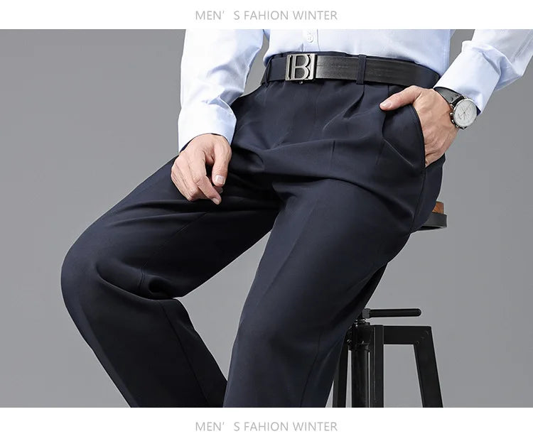 Double Pleated Mens British Pants High Waist Thicken Straight Business Black Formal Clothes For Mens Dress Trousers size 42 44