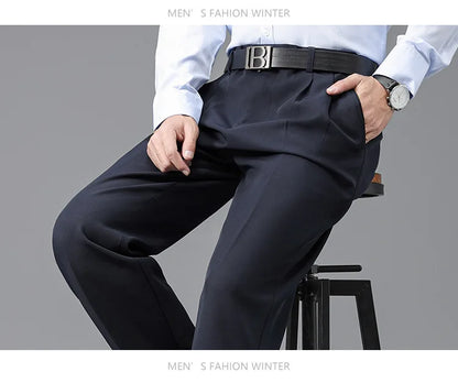 Double Pleated Mens British Pants High Waist Thicken Straight Business Black Formal Clothes For Mens Dress Trousers size 42 44
