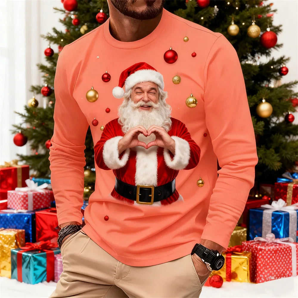 Christmas-Themed Men's Fashion Long-Sleeve T-Shirt Relaxed Fit Comfortable Crew Neck Sweatshirt Holiday Party Attire