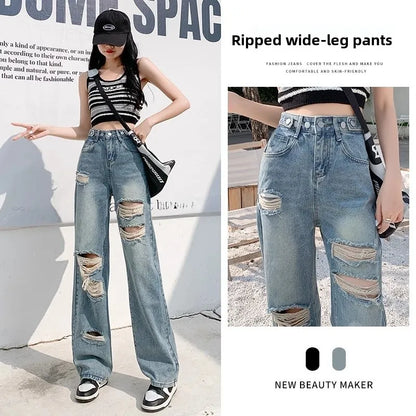 Trendy Ripped Straight Leg Jeans Women's Spring Summer High Waist Loose Wide Leg Pants Slimming Design Casual Denim Jeans