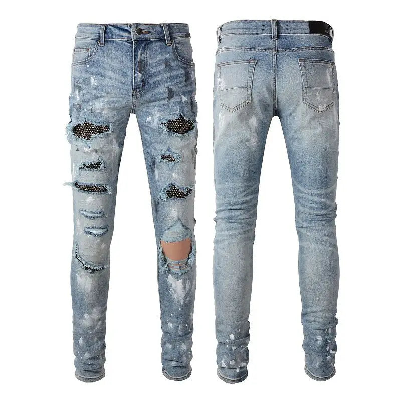 2025 Men's Diamond-encrusted Jeans Ripped High Street Trendy Brand Ink Splashing Patch Distressed Designer Elastic Retro Pants