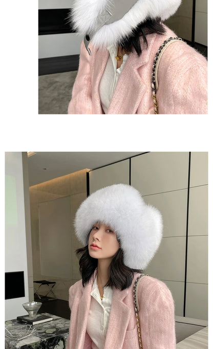 Winter Warm Real Fox Fur Hat Ear-Protecting Hats Women's Genuine Leather Windproof Fox Fur Bomber Hat Thickened Sheepskin Cap