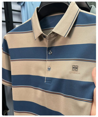 Light luxury striped color blocked short sleeve polo shirt brand symbol emboss high-end casual summer silky smooth men's T-shirt
