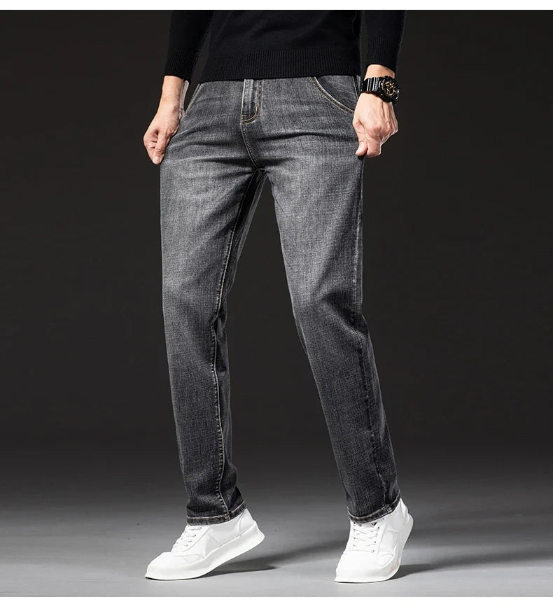 New Spring Summer Plus Size 40 42 44 Men Straight Loose Jeans Business Fashion Denim Stretch Pants Male Brand Trousers