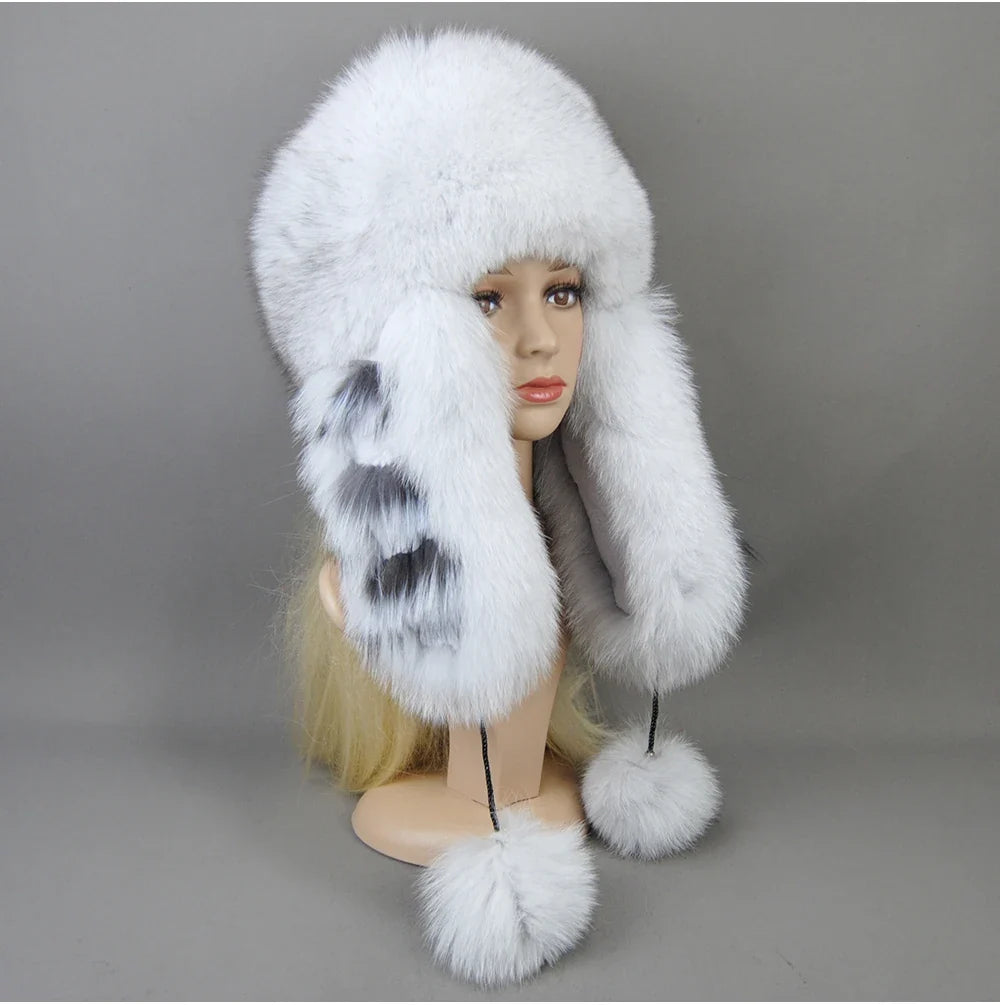 Hot Sale Lady Winter Warm Luxury 100% Natural Fox Fur Hat Fashion Fluffy Fox Fur Rex Rabbit Fur Caps Women Real Fur Bomber Hats