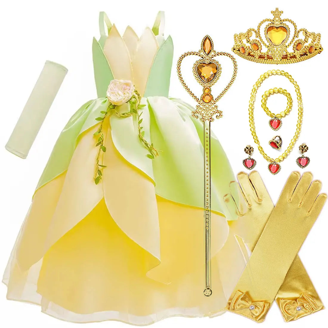 Girls Cosplay Tiana Yellow Short-Sleeved Fluffy Princess Dress For Girl Birthday Party Princess Dress With Accessories