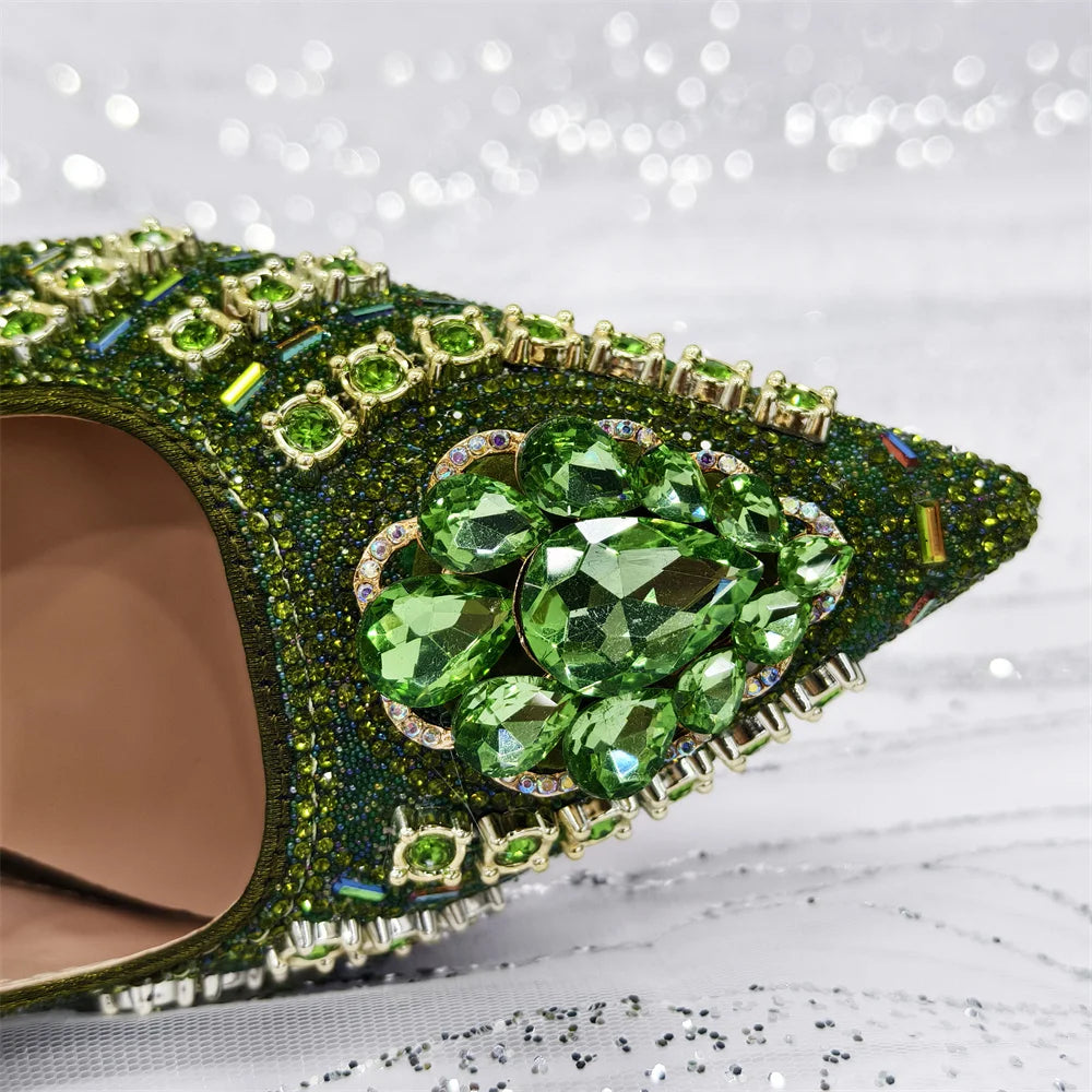 Popular Pointed Women Shoes Heels and Bags Rhinestone Chain Ladies Wedding Party Elegant and Luxurious Fashion