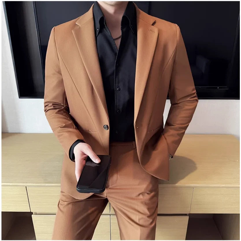 (Jacket+Pant) New Men Pure Color Business Social Wedding Party Suit Fashion Male Banquet Party Slim Fit Dress Blazer and Trouser