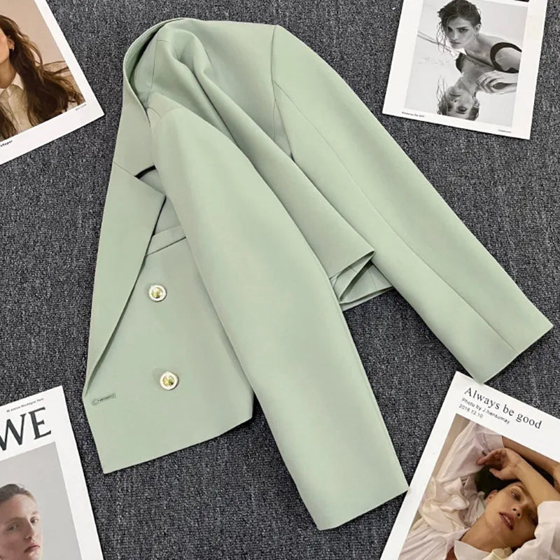 Lucyever Cropped Blazer Jacket Women Korean Fashion Double-Breasted Suit Coat 2024 Autumn New Casual Simple Office Lady Blazers