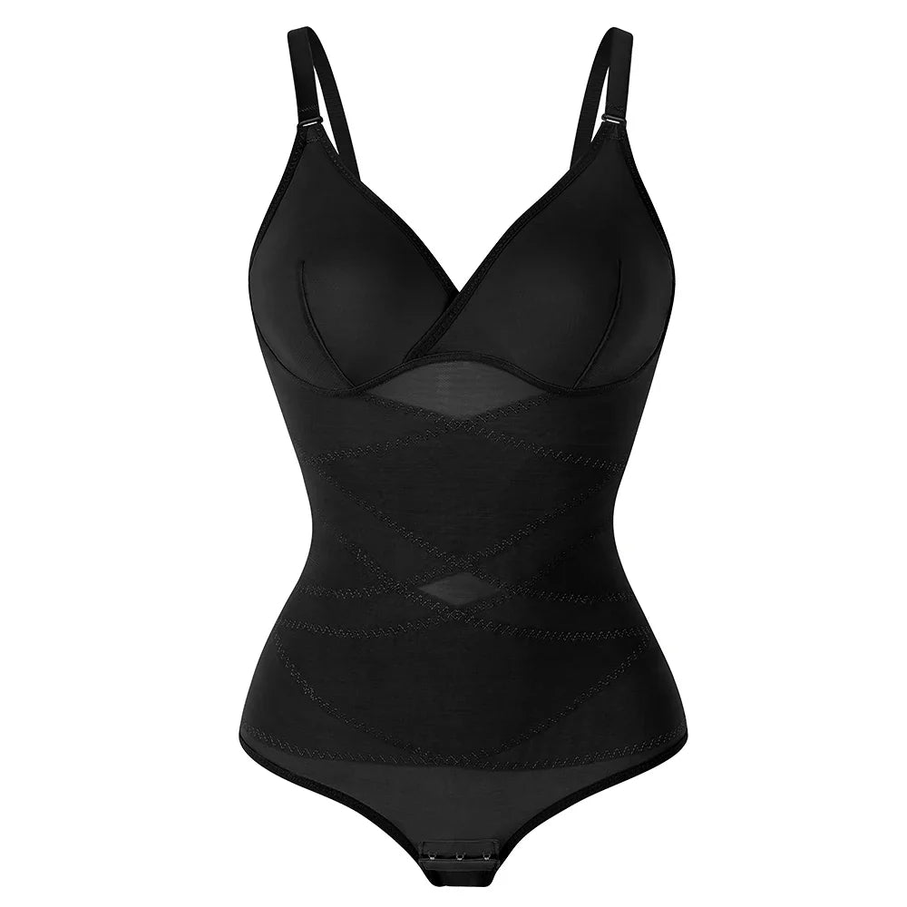 Cross Waist Tummy Control Body Shaping Bodysuit for Women Full Body Control V-Neck Mesh Breathable Briefs Underwear Butt Lifter