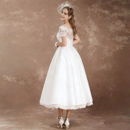 Customized Elegant Short Sleeves Midi Wedding Dresses for Women Lace Boat Neck Tea Length A-Line Bride Gowns Vestidos De Novia