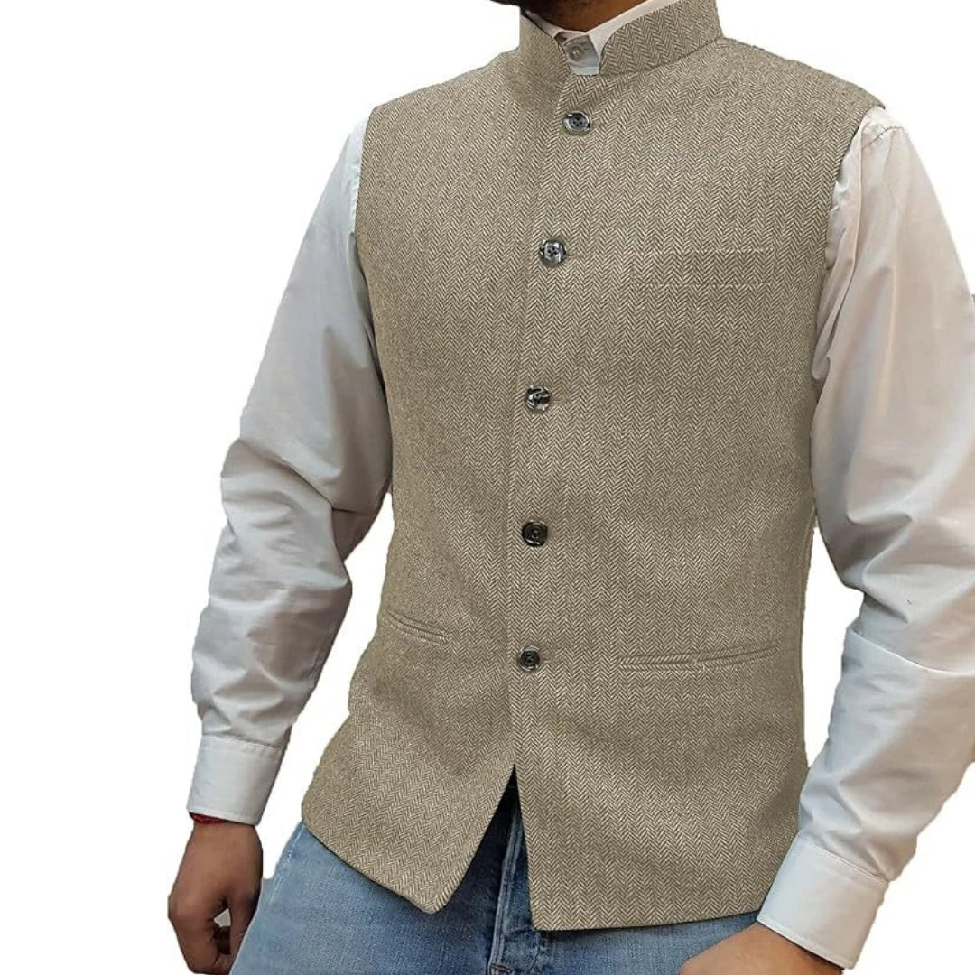Men Vest Gray Herringbone Height Collar Single Button Waistcoat For Wedding Party Business Work Daily Casual Men Suit Vest