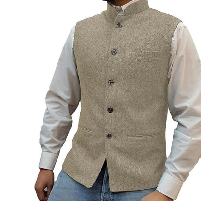 Men Vest Gray Herringbone Height Collar Single Button Waistcoat For Wedding Party Business Work Daily Casual Men Suit Vest