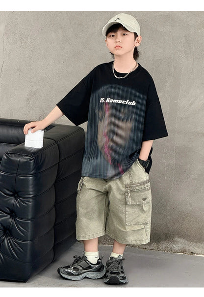 New Summer Korean Children Fashion Suit for Teen Boy Cotton Top And Bottom Set Kids Casual Tshirt Shorts 2PCS Clothing Set 7-16Y