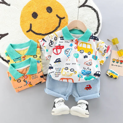 High-Quality Baby Boys Polo Shirt + Handsome Denim Shorts 2-Piece Set Children's Girls Clothing Summer