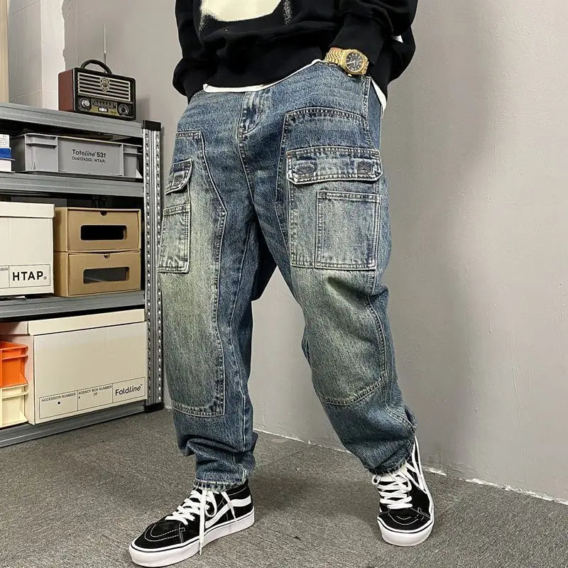Autumn American Casual Ruffian Handsome Washed Retro Tooling Jeans Men's Straight Loose High Street Tapered Pants Tide