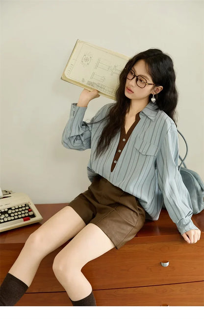 Peach Skin Velvet Stripe Shirt for Women Autumn 2025 Double Layered Collar Contrasting Color Shirt Commute Top MXE47C2408