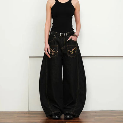 Korean Spring And Autumn Men'S Embroidered Curved Knife Jeans Wide Leg Pants Low Waist Casual Loose Straight Leg Pants
