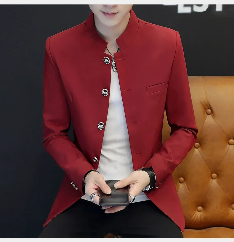 2024 Men's Slim Fit Long Sleeve Casual Suit Korean Trend Stand Collar Fashion Handsome Male Suit
