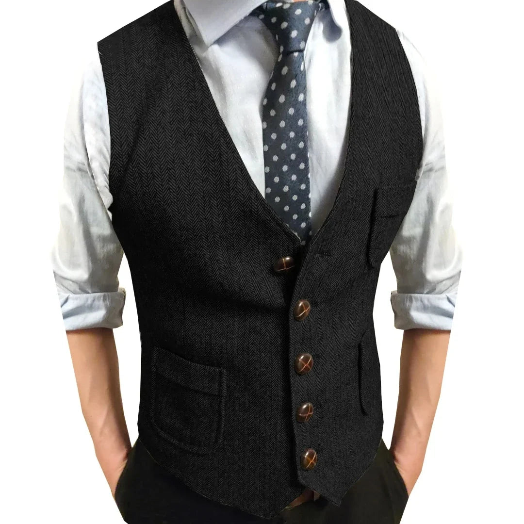 Men Vest Brown Herringbone Single Button V Neck Waistcoat For Wedding Party Business Work Office Daily Casual Men Suit Vest
