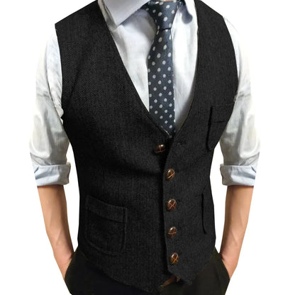 Men Vest Brown Herringbone Single Button V Neck Waistcoat For Wedding Party Business Work Office Daily Casual Men Suit Vest