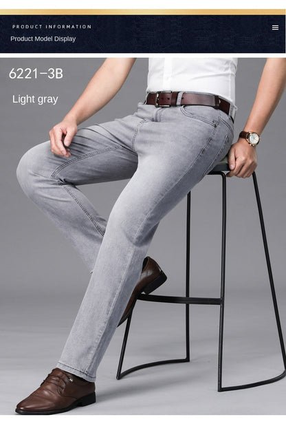 2024 Brand Thin or Thick Material Straight Cotton Stretch Denim Men's  Business Casual High Waist Light Grey Blue Jeans
