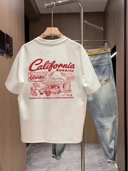 Men's Retro West Coast T-shirt, 100% Cotton, Printed, Loose Fit, Casual, Comfortable, Simple T-shirt