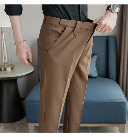 Elastic Waist Solid Color Suit Pants Men Formal Slim Fit Business Casual Trouser High Quality Social Wedding Fashion Dress Pant