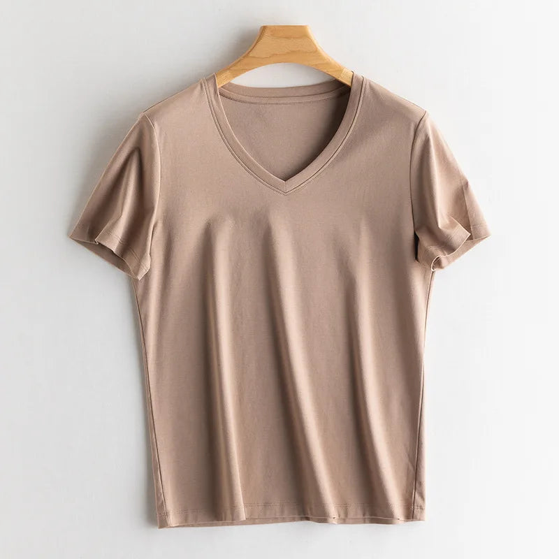Women Solid T shirts, Silk Cotton Blend, O Neck, Short Sleeved Solid Tee,2025 Summer Candy Colors Basic Cozy Top Green