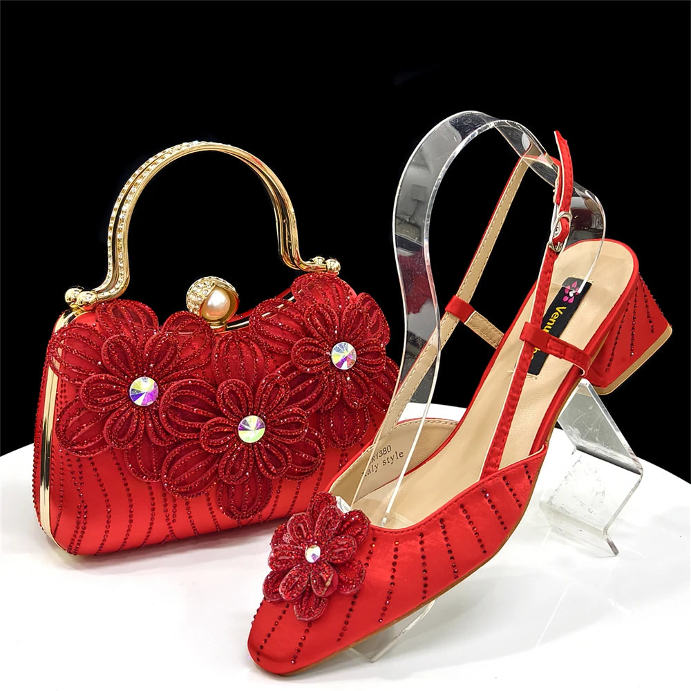 2026 Elegant Gold Color Women's Heels Handbag Set Rhinestone Embellished Designer Shoes for Weddings Special Events