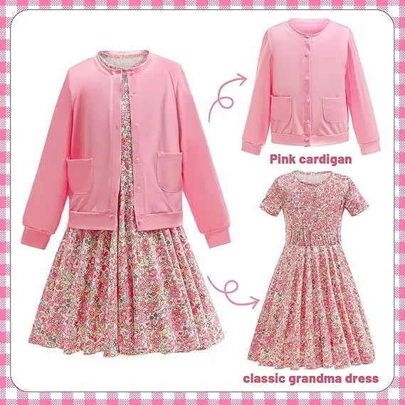Baby Girl Celebrating 100th School Days Funny Cosplay Costumes Dress Granny Girl Cosplay Floral Old Lady Dress Up With Cane